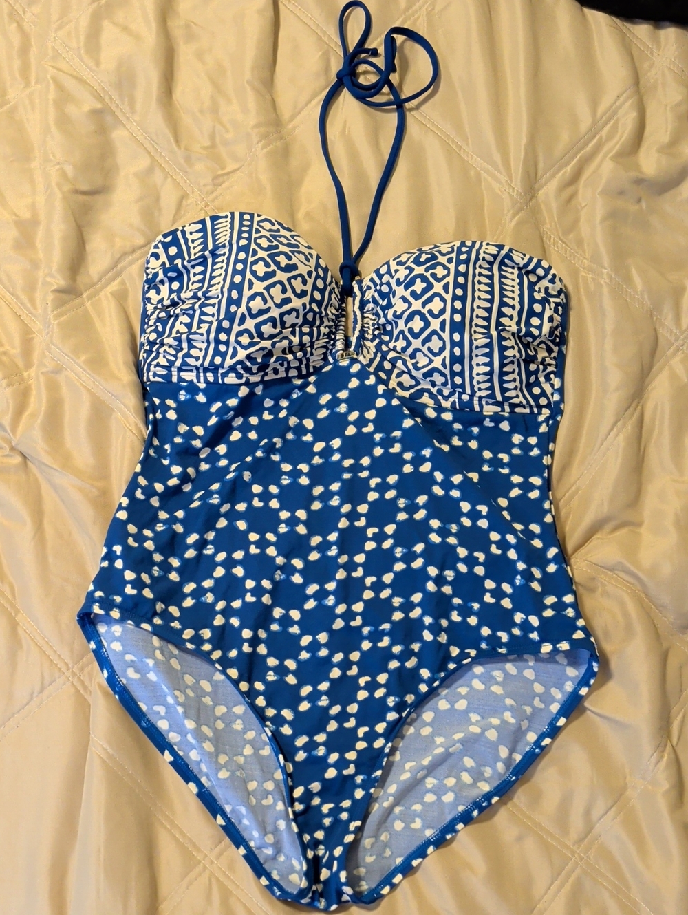 La Blanca Blue and White Patterned Halter One-Piece Swimsuit Size 14